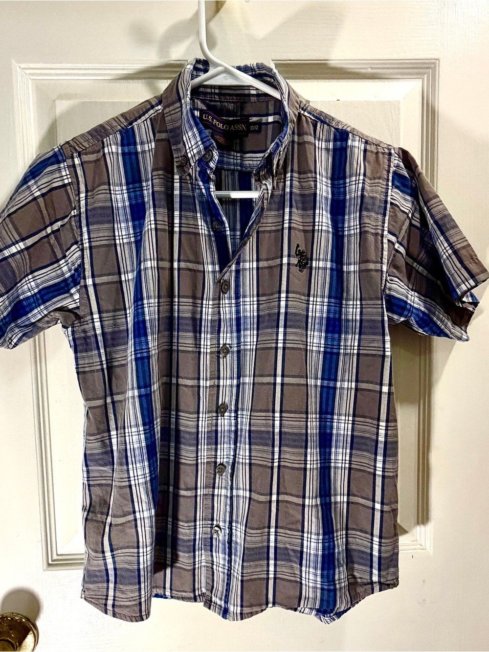 US Polo Assn. Kid's Blue/Gray Plaid Short Sleeve Shirt